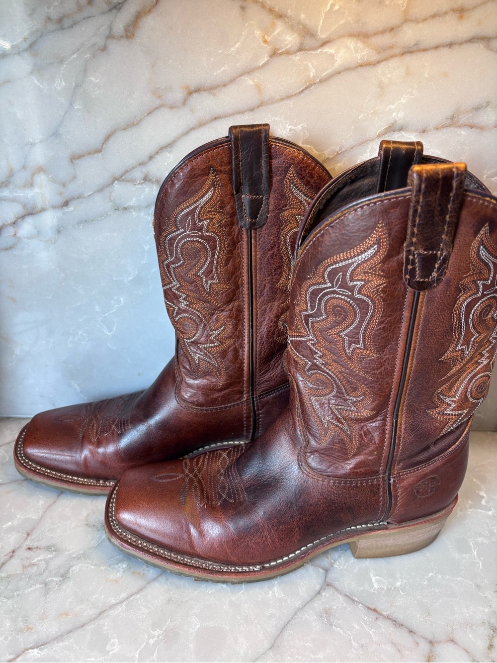 Double H Brown Leather Cowboy Boots with Embroidered Shaft 9.5D